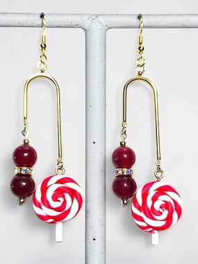 Polymer Clay Lollipop & Red Glass Bead Arch Drop Earrings